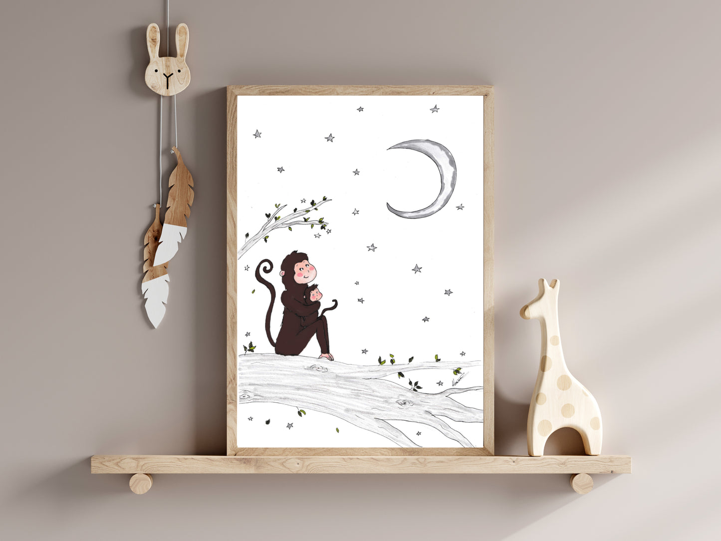 Magische Maanavond – Moeder Aap en Haar Jong 🌙🐒 - Poster handgetekend